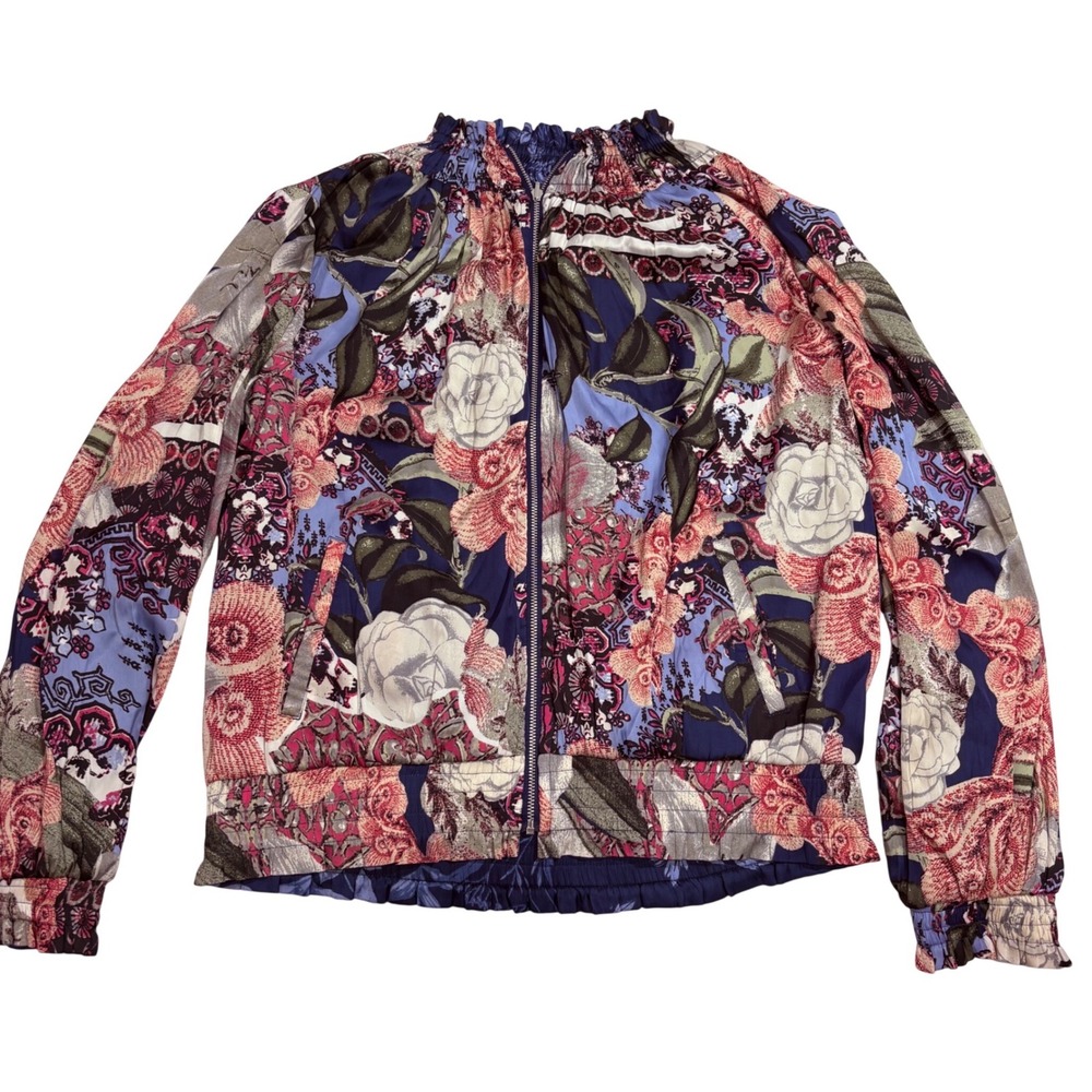 Chico's Reversible Floral Bomber Jacket Navy Blue Pink Zip Up High Neck 2-in-1